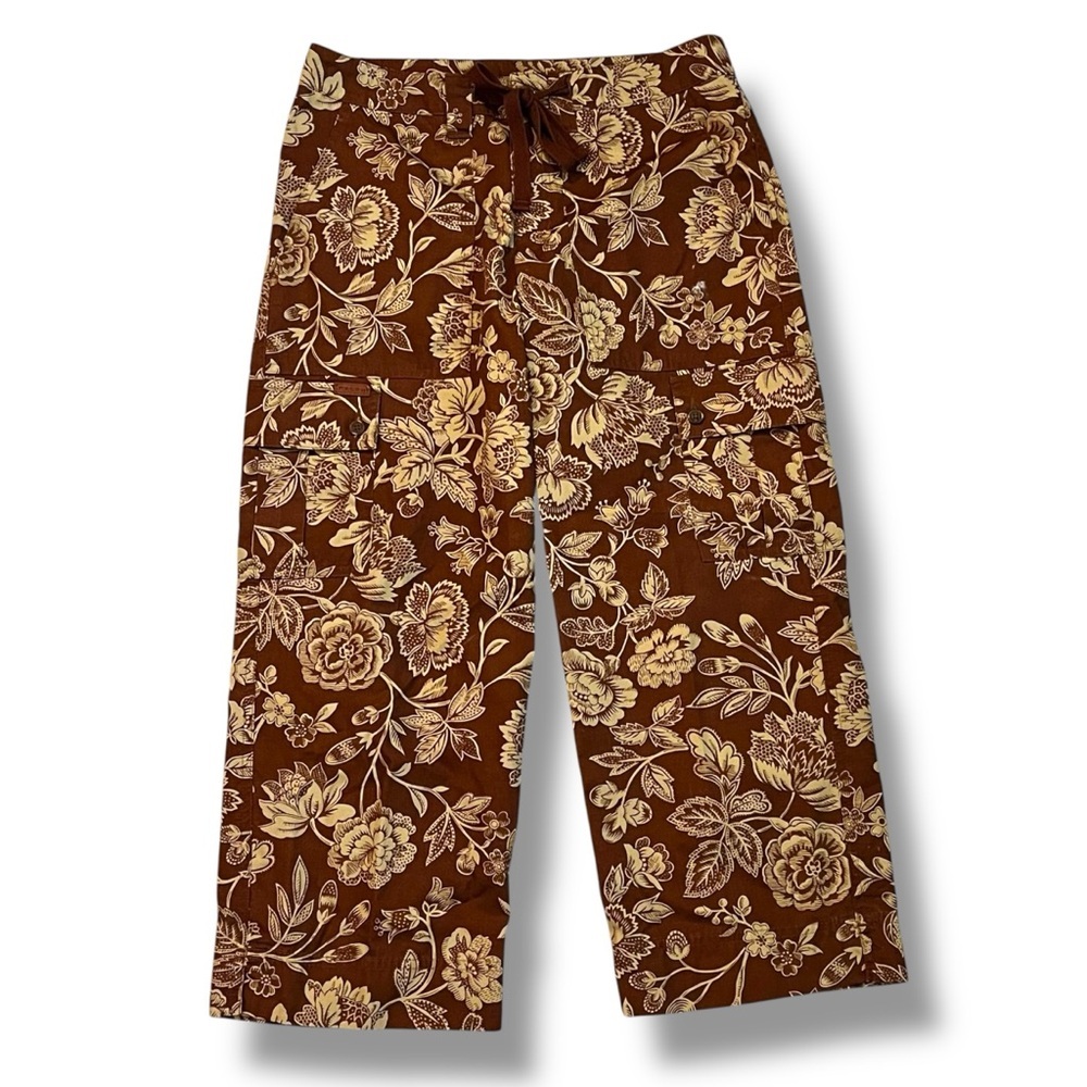 Vintage Ralph/Ralph Lauren Cropped Cargo Pant Brown Floral Pockets Cotton Size 0